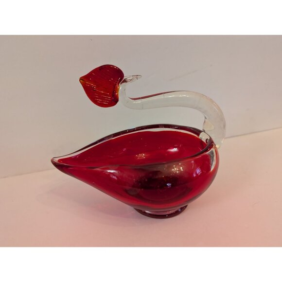 Murano-Style Red & Clear Glass Swan Bowl Sculpture 6" Tall Decorative Collectibl - Picture 4 of 7